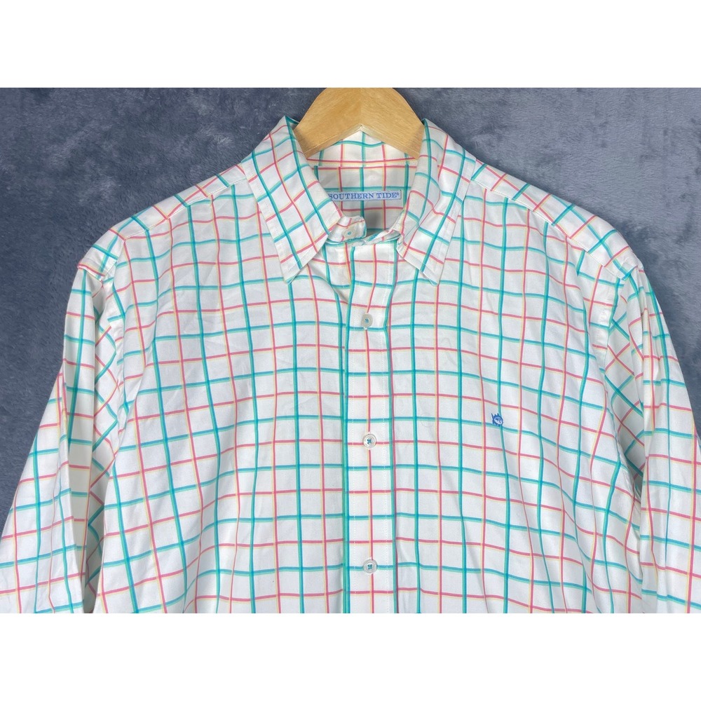 Southern Tide Mens Large Tattersall Check Button Down Shirt Teal Pink White L